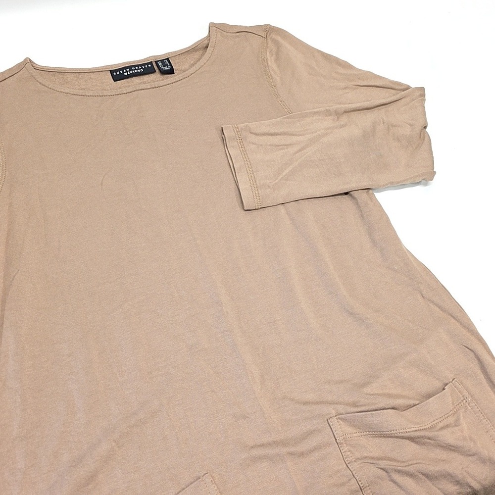 Susan Graver Tunic Women XS Tan 3/4 Sleeve Pocket Scoop Neck Rayon Stretch 1018